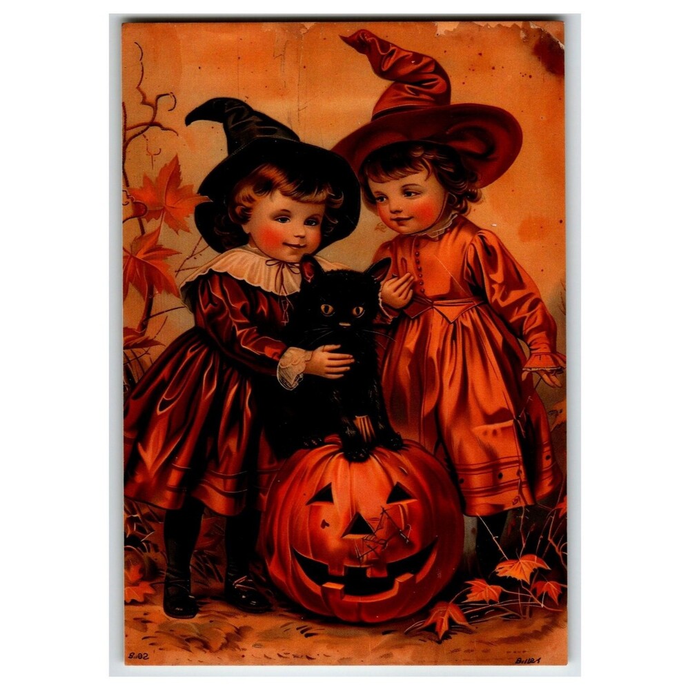 Vintage Halloween Postcard Girls Witch Costumes Black Cat Jack-O-Lantern S.02.